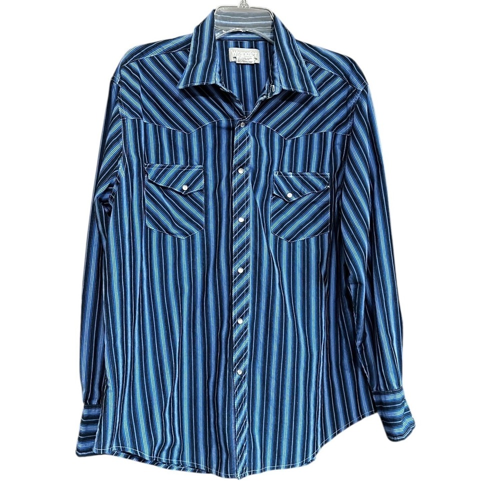 Wrangler Wrancher Mens XL‎ Blue Striped Western Pearl Snap Shirt LS Cowboy Ranch